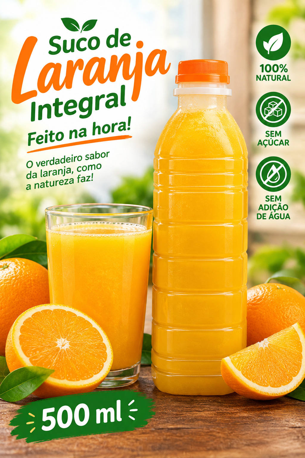 Suco de Laranja Integral – 500 ml | Sem Açúcar e Sem Água
